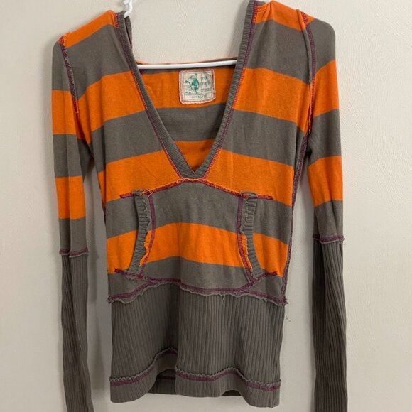 Free People Tops - NWOT Free People - Orange and Grey Striped Long Sleeve Hooded Top - Size XS